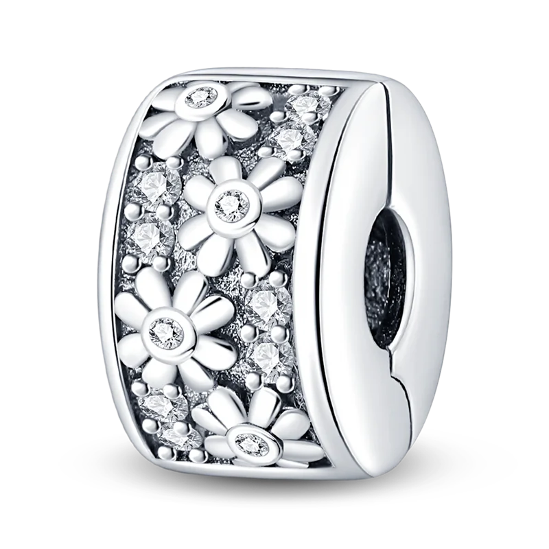 Silver Clasp 925 Sterling Silver CZ pave Clip Charms Daisy Beads Stopper Safety Chain fit Original Bangle Bracelet Jewelry Clip