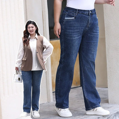 Plus Size Women Jeans 6XL Loose High Waisted Stretched 5XL Plus Size Female Denim Trousers Blue Girl Long Classic Straight Pants.