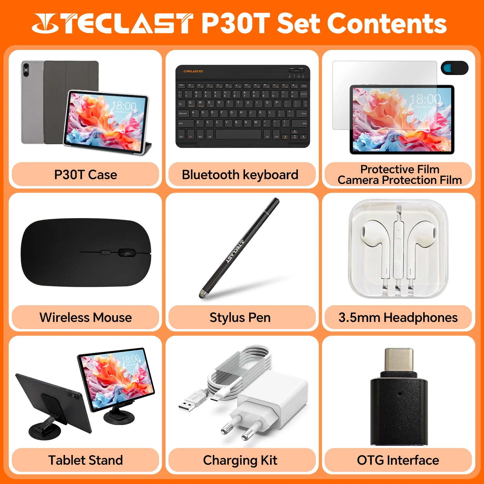 Teclast P30T Set 10.1" Tablet Android 14 T606 8-core Max 12GB RAM 128GB ROM 6000mAh Keyboard/Case/Mouse/Stylus/Headphone/Stand.