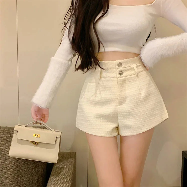 Winter Spring New Arrival Metal Buttons Tweed Shorts Women.