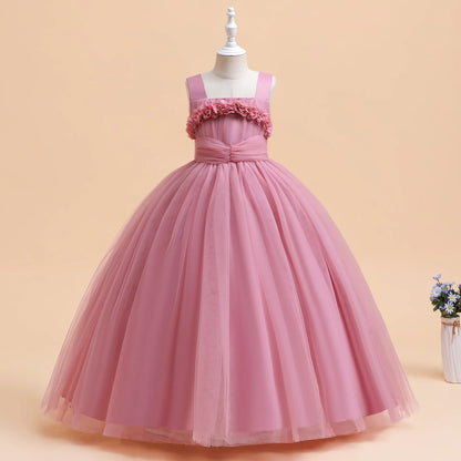 Mädchen Partykleider Weiß Langes Hochzeit Brautjungfer Prinzessin Kleid Abend Tüllkleid Abschlussball Klavier Performance Kleid.