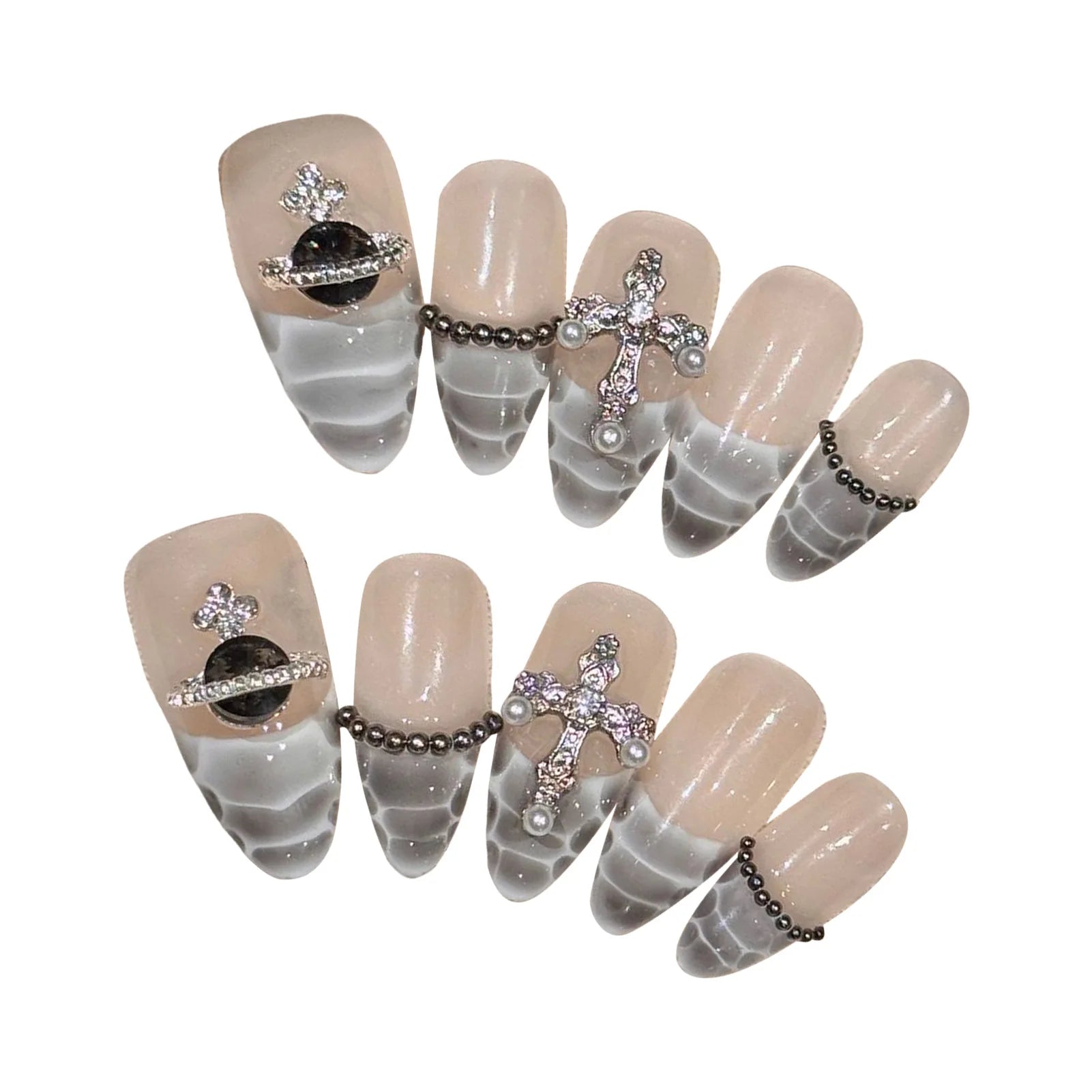 10pcs Handmade Almond False Nails Black White Alligator Print French Style Press On Nail Diamond Cross Design Wearable Fake Nail.