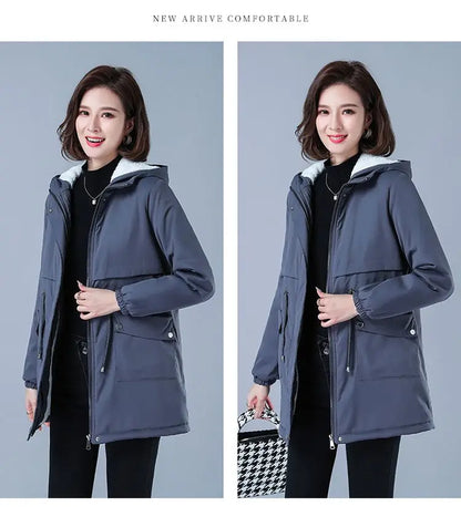 Fleece-gefütterte Kapuze, Daunenjacke, Wintermantel für Damen, warme, mit Kordelzug gepolsterte Parkas, mittellanger Mantel, Streetwear, gepolsterte Kleidung.