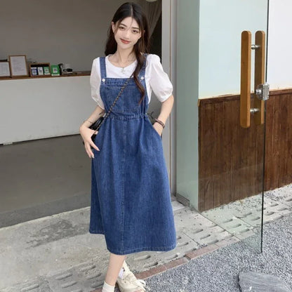 2025 Fashion Women Denim Suspender Skirt Spring Summer Causal Strap Female High Waist A-line Solid Lace-up Woman Skirt.