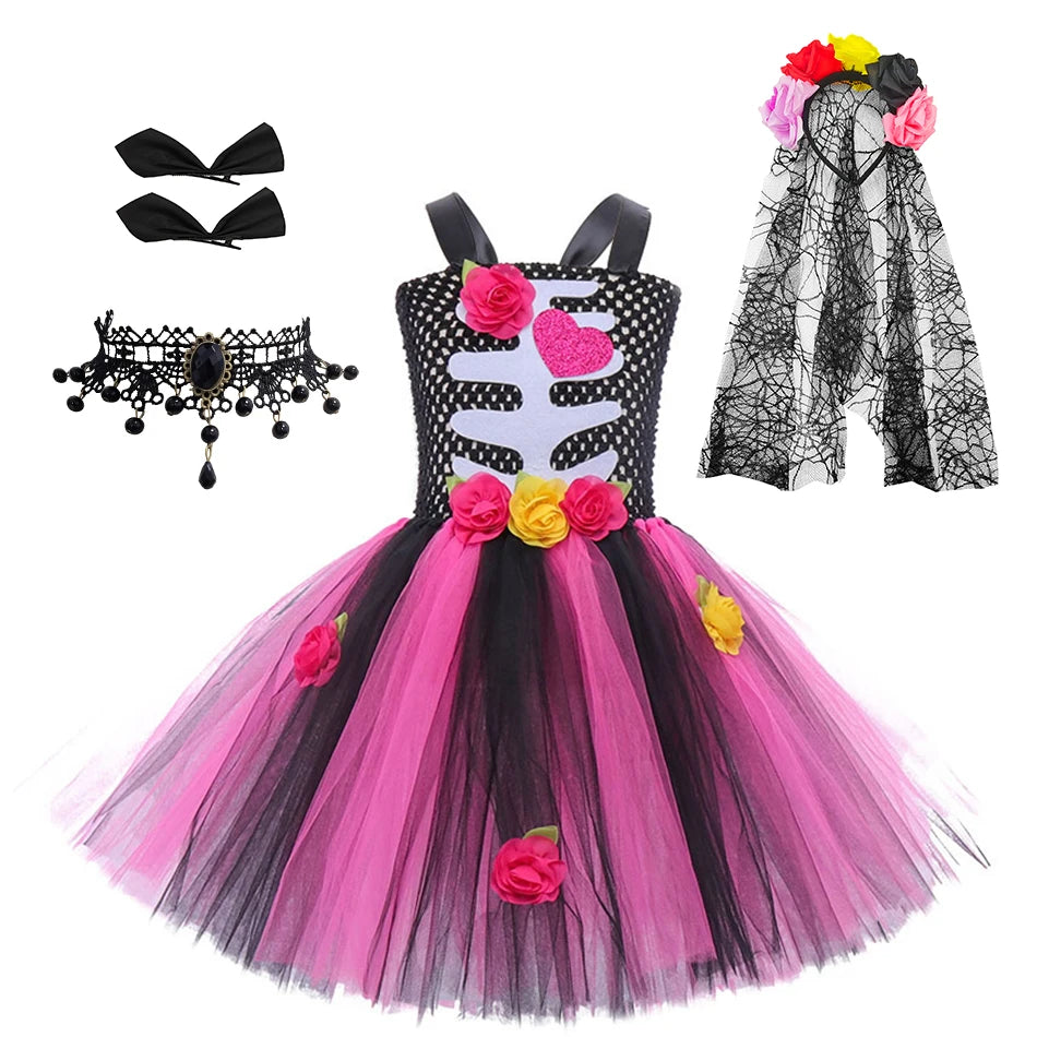Halloween Kinder Kleid Cosplay Herz druck Skelett Kostüme Mädchen Blumen Schädel Tutu Kleidung Kinder Karneval Leistung Outfits