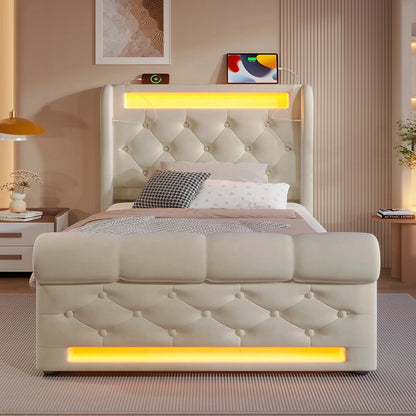 KOMHTOM Modernes Polsterbett Einzelbett 90x200cm mit LED-Leuchten, USB- und Typ-C-Anschlüssen, Hydraulisches Stauraumbett