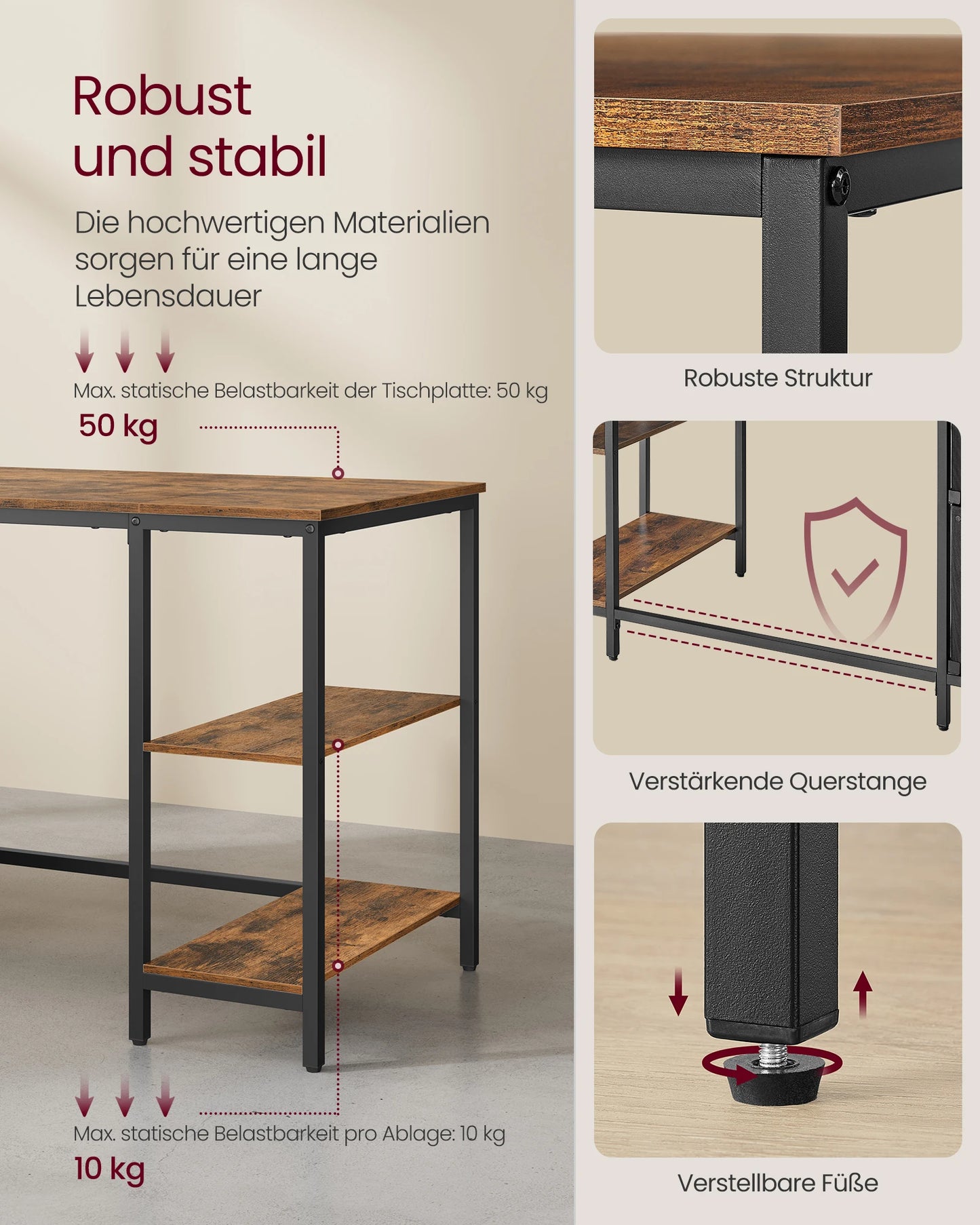 VASAGLE Computertisch, Bürotisch, Schreibtisch, mit 3 Ablagen, 2 Schubladen, 60 x 140 x 76 cm, fürs Büro, Wohnzimmer