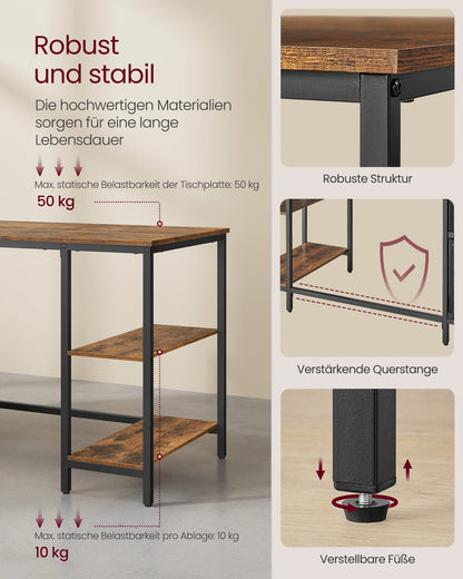 VASAGLE Computertisch, Bürotisch, Schreibtisch, mit 3 Ablagen, 2 Schubladen, 60 x 140 x 76 cm, fürs Büro, Wohnzimmer
