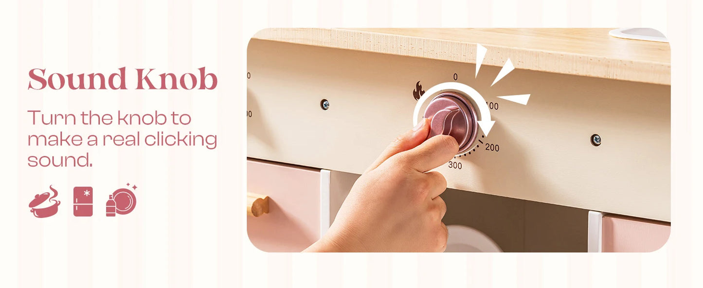 Robotime Robud Kids Corner Kitchen Playset Wooden Play Kitchen Set with Realistic Sound Pretend Play Gift for Boys Girls Pink.