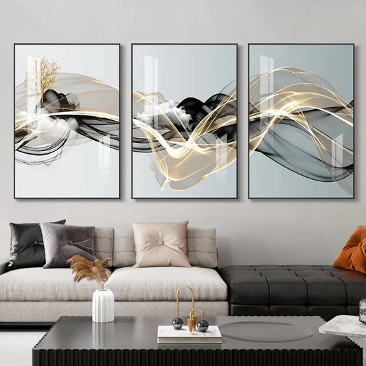 3 Pieces Nordic Luxury Ribbon Abstract Landscape Wall Art Canvas Paintings Modern Gold Deer Poster Print Picture for Home Decor.