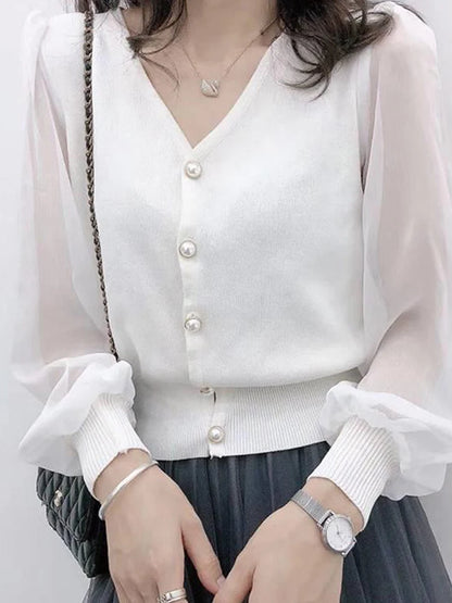 clothe Women's Spring Autumn Style Chiffon Blouses Shirt Women's Knitted Button Long Sleeve Solid Color Lace Patchwork Tops.