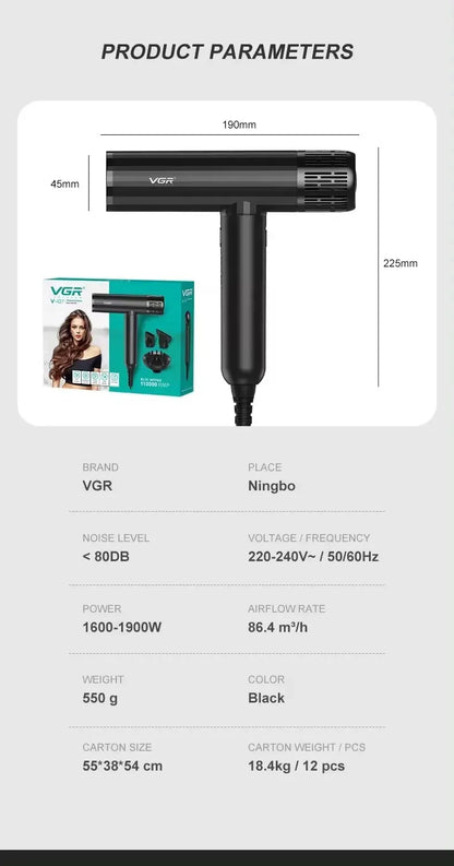 VGR Hair Dryer Professional Air Blower Brushless Motor Hair Dryer Machine 110000 RPM Negative Ion Hair Styling Blow Dryer V-427