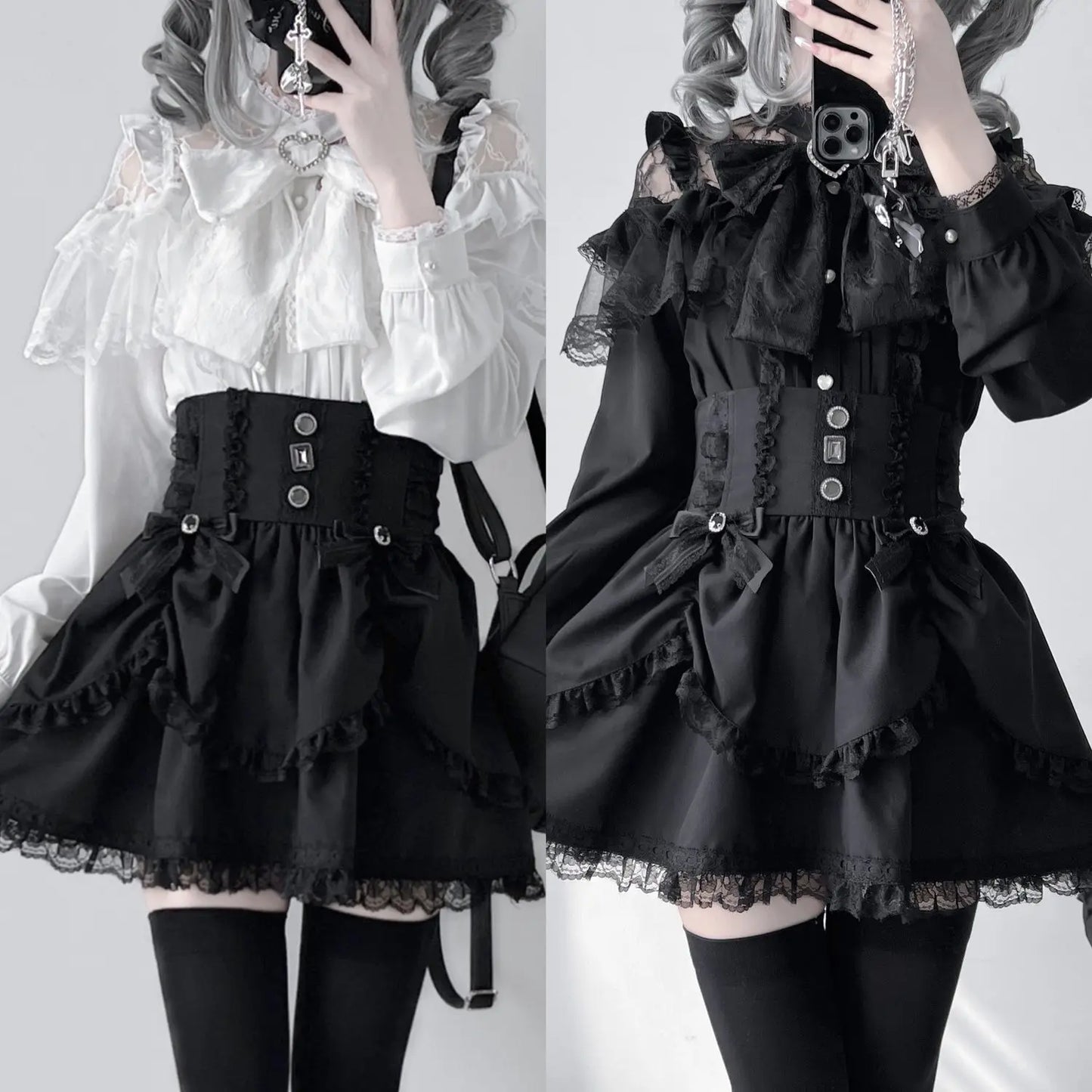 Japanese Mine Lolita Bow Shirt Subcultural Shirts Female Cute Black and White Lace Long-sleeved Short-sleeved Blouse Women.