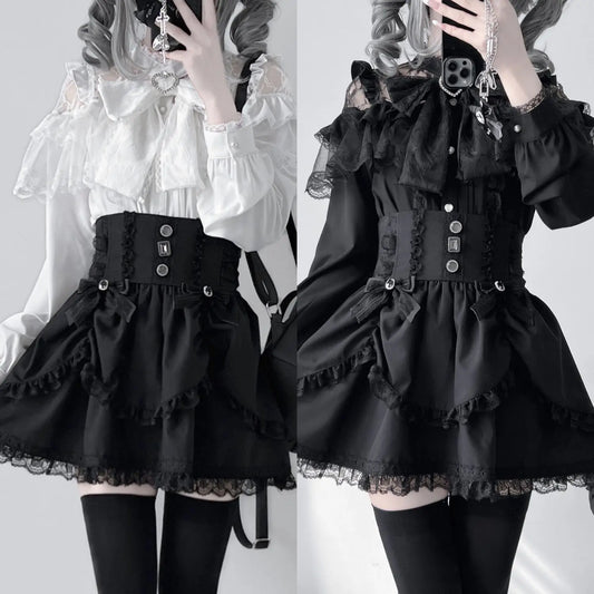 Japanese Mine Lolita Bow Shirt Subcultural Shirts Female Cute Black and White Lace Long-sleeved Short-sleeved Blouse Women.