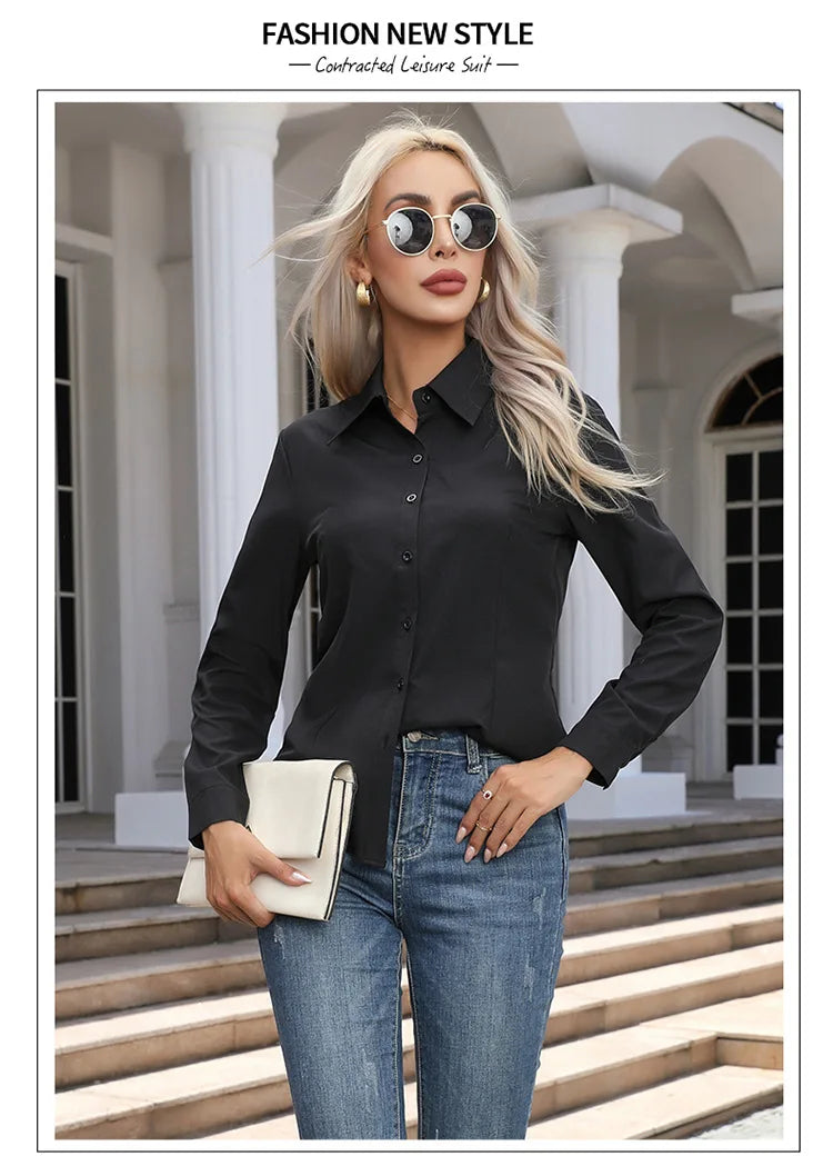 1pcs Woman Spring Autumn Solid color Shirts Lady Casual Long Sleeve Turn-down Collar Loose Shirt Female Fashion Temperament Tops.