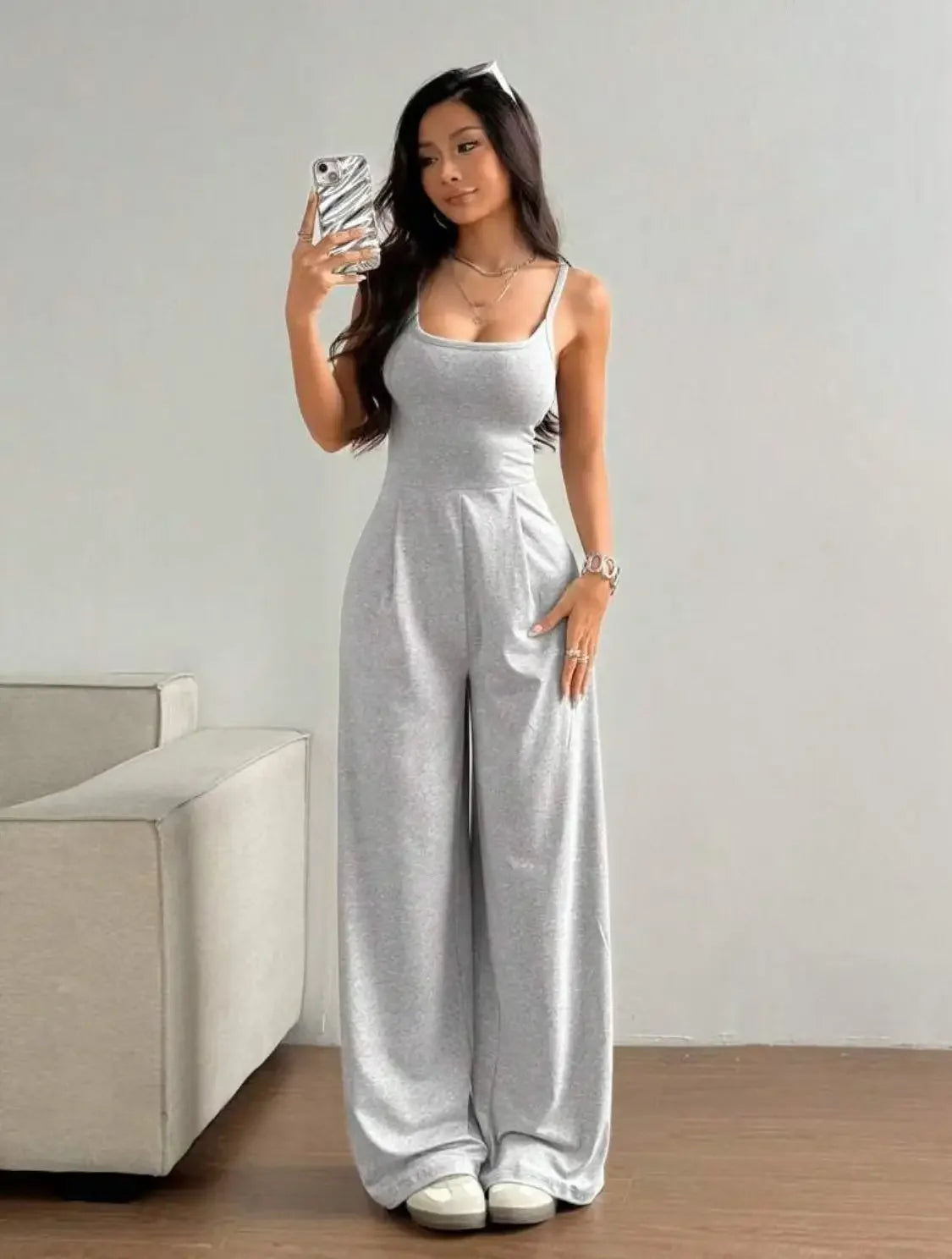 Fashionable Solid Color High Waist Bell Bottom Jumpsuit Backless Strap Casual Women's Long Pants One Piece Suit Female