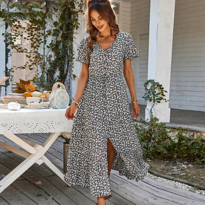 Damen Vintage Lange Blumen Druck Sommer Kleid Frauen Lose Beiläufige Taste Böhmischen Strand Kleid Frauen Sommerkleid Robe Vestidos Weibliche