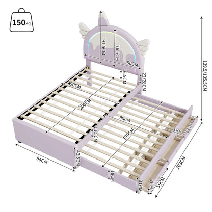 Merax Kinderbett 90x200 cm Einhorn Design mit Ausziehbett PU Material Violett