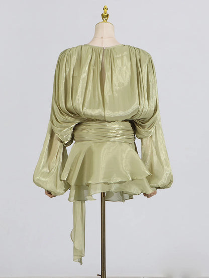 GALCAUR Solide Lose Splicd Lace Up Kleider Für Frauen V-ausschnitt Mit Langen Ärmeln Patchwork Rüschen Tunika Kleider Weibliche Mode Neue