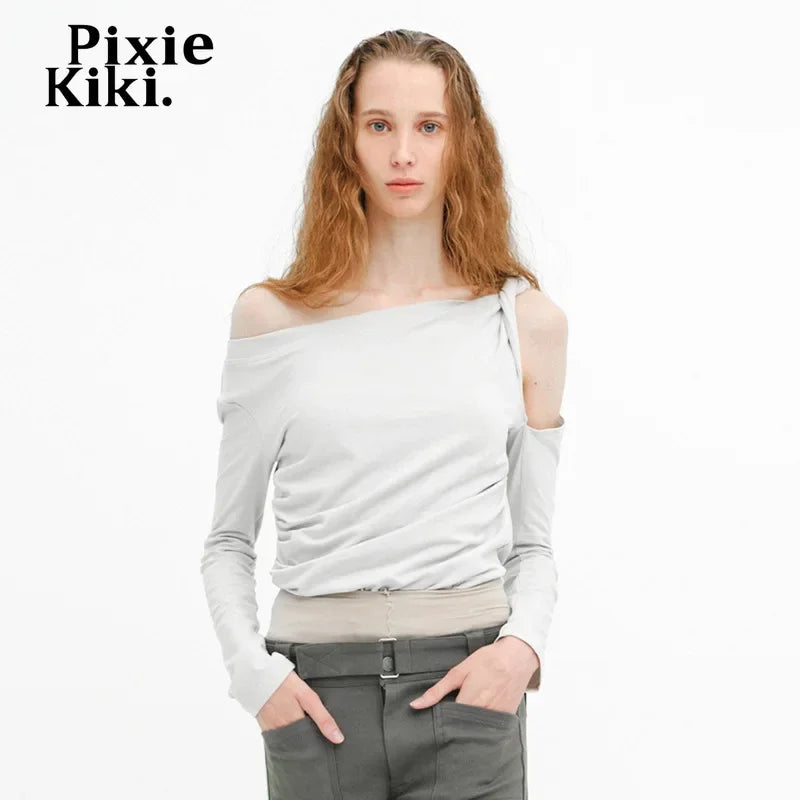 PixieKiki Twisted Hollow Out Off Shoulder Long Sleeve Tops 2000s Clothes Y2k Asymmetrical T Shirts for Woman P85-BE15.