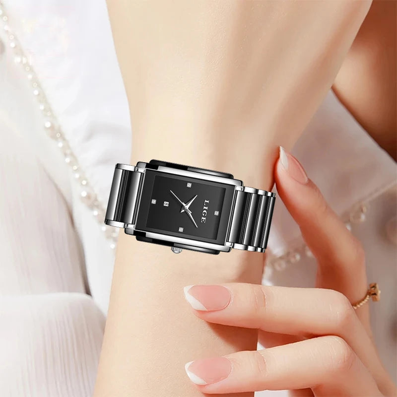 LIGE Fashion Square Quartz Woman Watches Ceramics Elegant Simple Diamond Auto Date Romantic Birthday Gift Leisure Wristwatch New