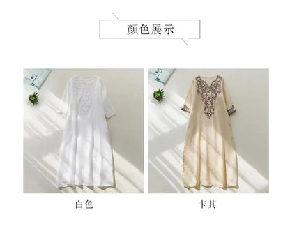 Ethnisches Vintage-Kurzarmkleid aus schwerer Stickerei aus Baumwolle und Leinen für Damen, lockeres langes Sommerkleid mit V-Ausschnitt und elegantem Stil.