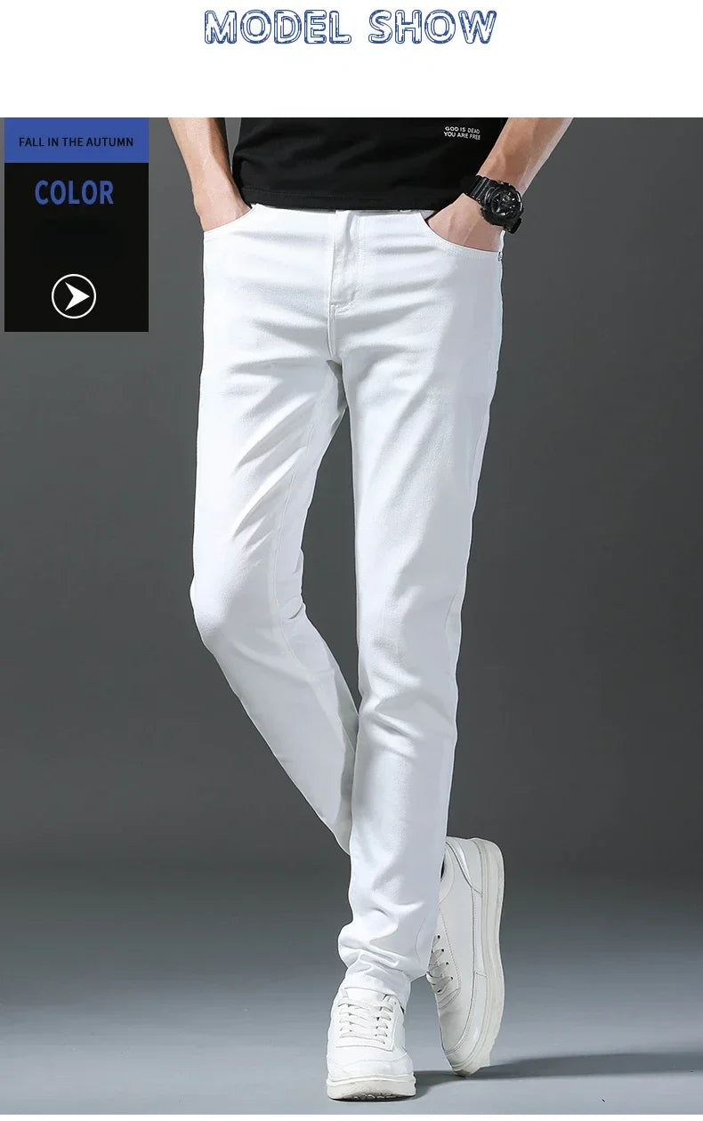 2025 Spring Summer New 98%Cotton Men's Slim Jeans Straight Casual Fashion Pencil Pants High Quality Trousers Male Clothes White.