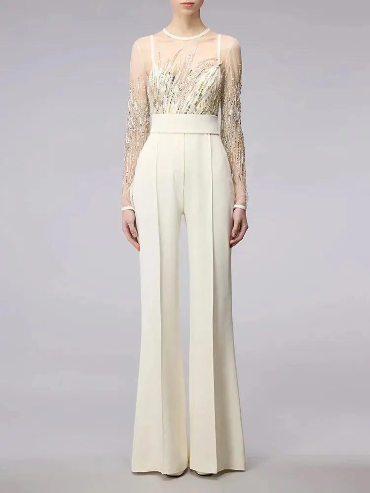 HIGH STREET Newest 2024 Designer Runway Fashion Women's Mesh Splicing Sequin Diamonds Beaded Jumpsuit.