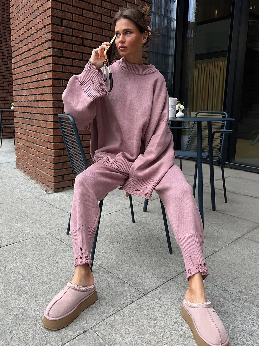 Bornladies Autumn Winter Women's New Turtleneck Knit Sweater Skinny Knit Pants Set Soft Oversized Ripped Hem Fashion Pullover.