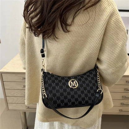 Vintage Style Handbag Crossbody Bag, Gold Letter 'M' Design Pu Leather Shoulder Messenger Bag, Synthetic Leather Tote Bag, Purse.