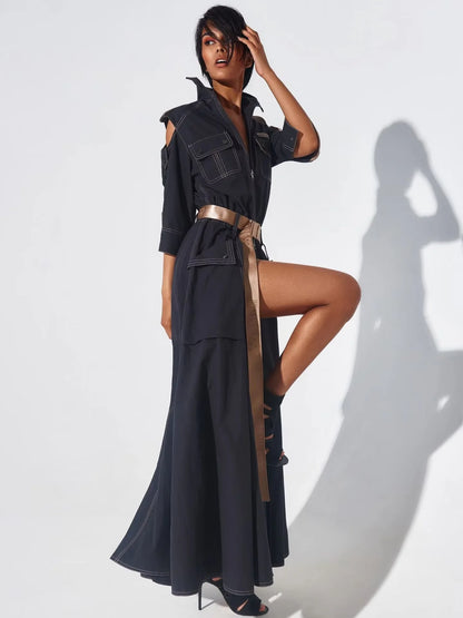 Sommerkleid für Damen 2025, Retro-Umlegekragen, kalte Schulter, halbe Ärmel, Reißverschluss, Gürteltaschen, geteilte Maxikleider mit hoher Taille.