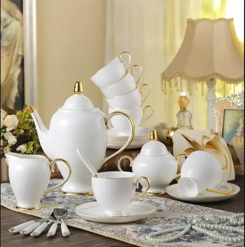 China Coffee Set White Gold Porcelain Tea Advanced Pot Cup Ceramic Mug Sugar Bowl Creamer Teapot Milk Jug Teaset.