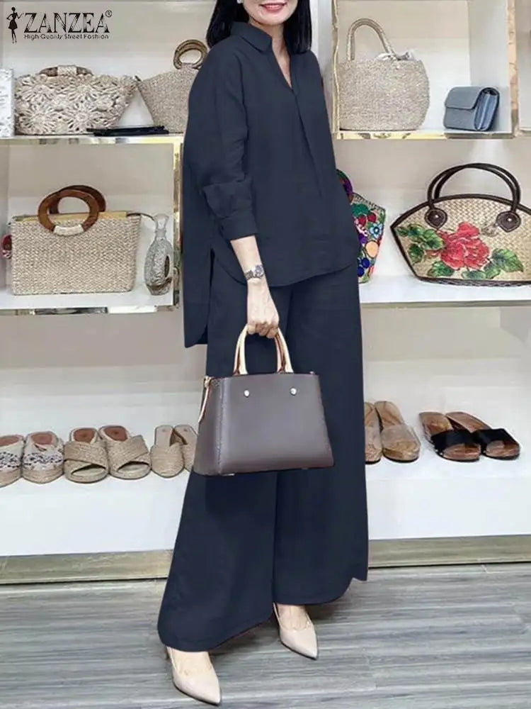ZANZEA Fashion Women Casual Trousers Suits 2PCS Autumn Long Sleeve Blouse Solid Wide Leg Pants Sets Loose Work Tracksuit Outifit.