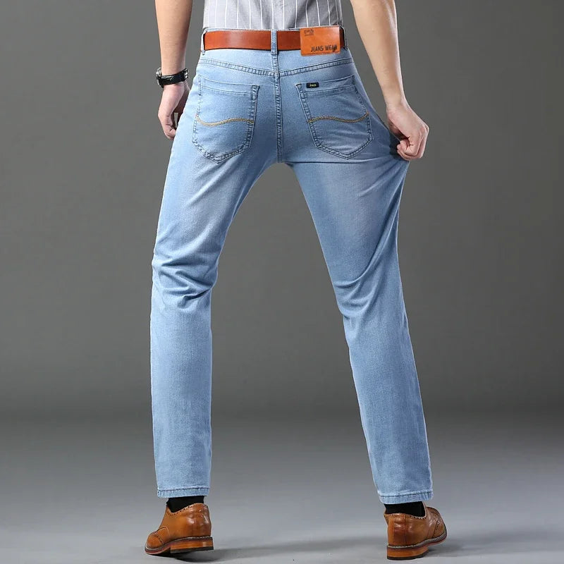 Spring Autumn Business Men Jeans Casual Straight Stretch Fashion Classic Black Sky Blue Grey Work Denim Trousers Brand Clothing.