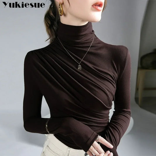 Pleated Stretch T-shirt New Spring Autumn Turtleneck Bottoming Pullover Women's Casual Elegant Basic Top Shirts Harajuku Gothic.