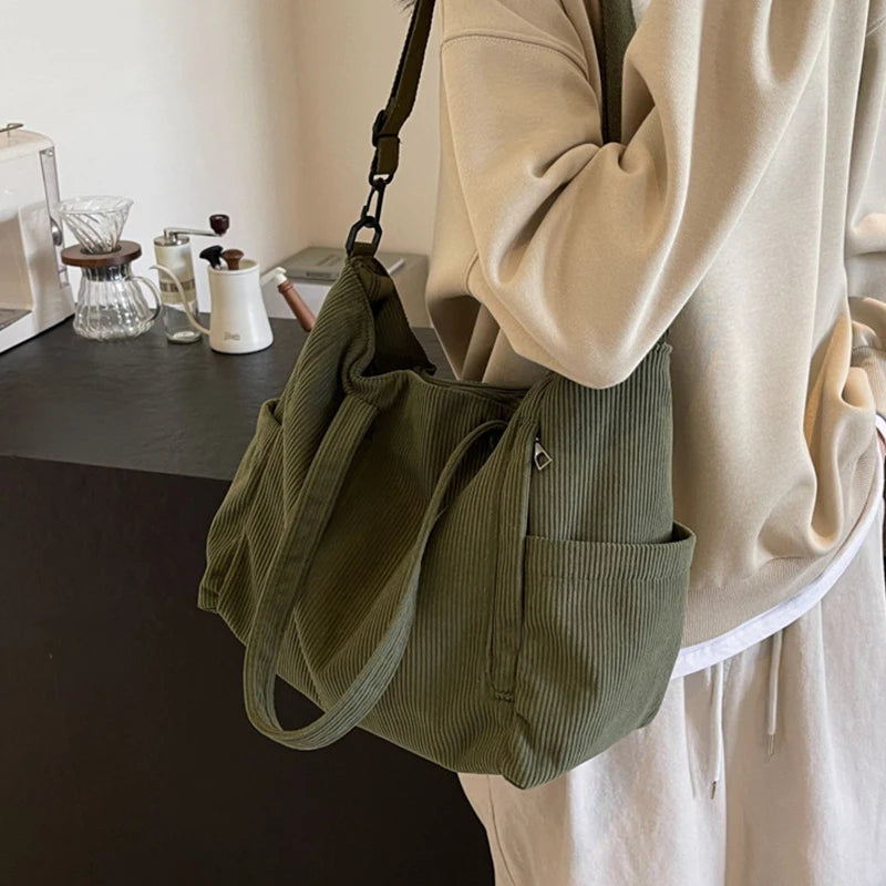 Women Corduroy Tote Bag Casual Multi Pocket Handbag Adjustable Strap Crossbody Sling Bag Zipper Shoulder Bag Fall Winter Bag.