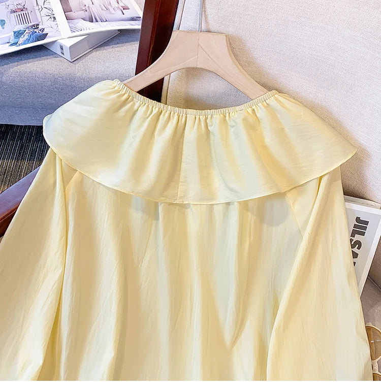 2025 French Large Size Long Sleeve O-neck Solid Color Loose Ruffle Shirt Ladies Spring Autumn Plus Size Blouses for Women.