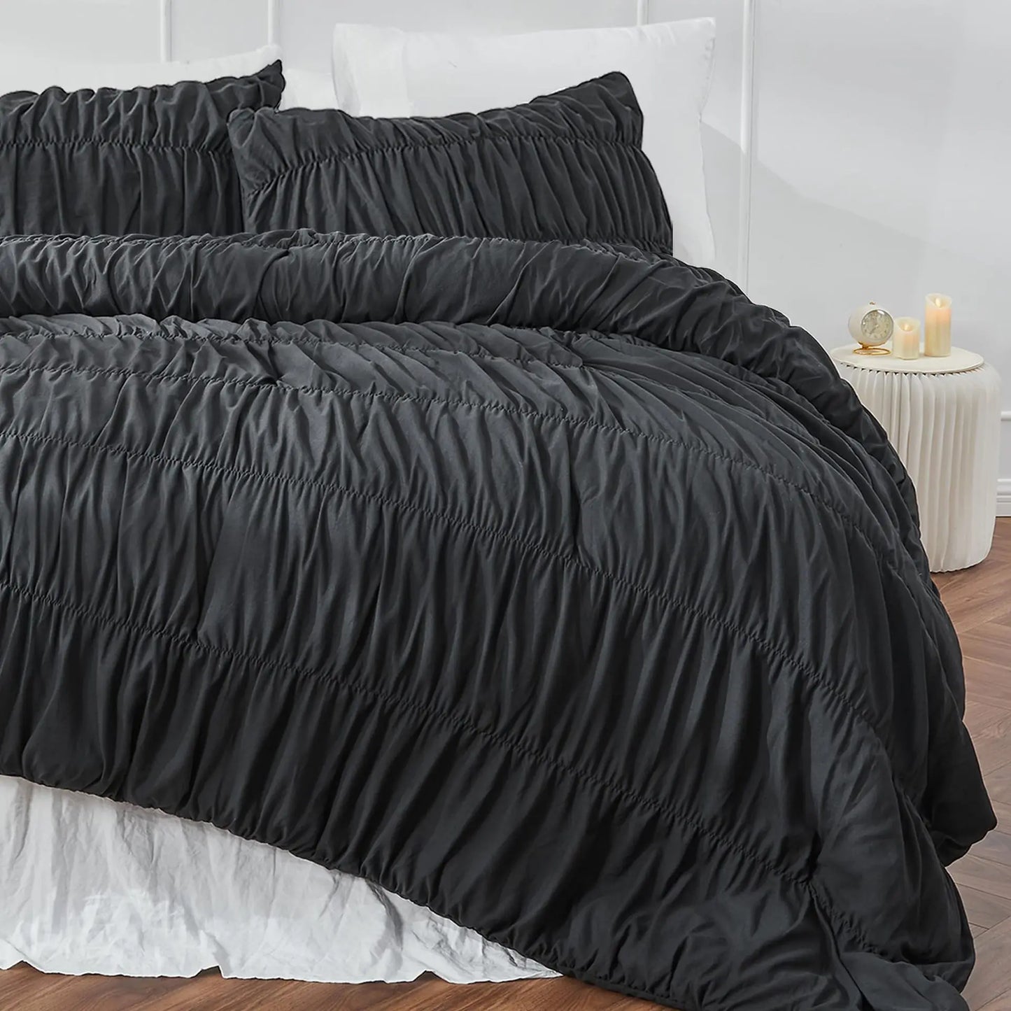 Ruched Black Duvet Cover Soft and Luxury Twin Queen King Comforter Cover Boho Shabby Chic Bedding Set - Fluffy 2/3 Piece Set.
