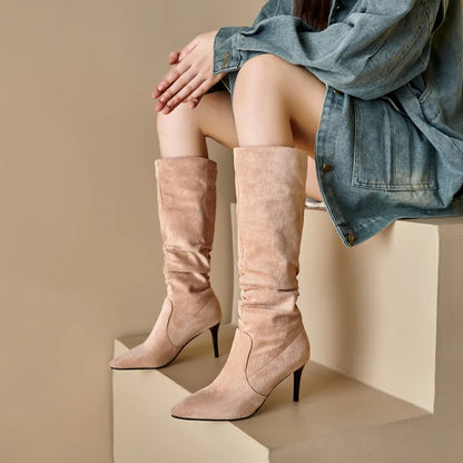 Street Style Pointy Toe Long Boots Women Stiletto Heels 8CM High Heel Winter Sexy Woman Shoes Female Suede High Boots Size 35-46.