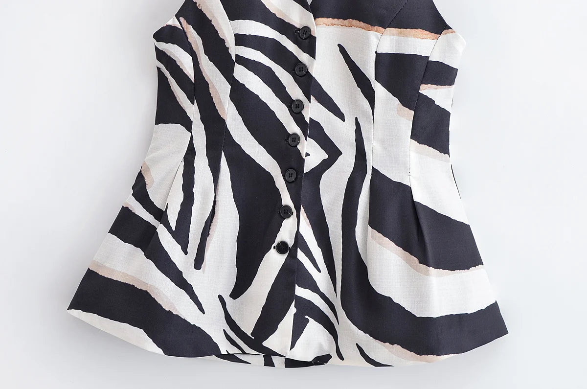 HH Women Pants Suit Fashion Zebra Stripes Single Breasted Sexy Sleeveless V-Neck Top+High Waist Zipper Casual Wide Leg Pants.