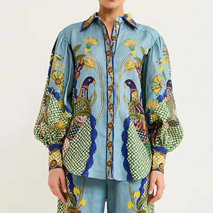 Autumn Women Bohemian Print Lapel Button LongSleeve Shirt+Loose Wide Legs Trousers Set Conjunto Dos Piezas Mujer Elegante Casual.