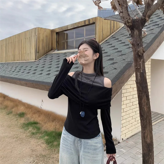 Retro American Shoulder Bared Long Sleeve T Shirt Women Spring Autumn Spicy Girl Fake Two Piece Base Shirt High Collar Polyester.