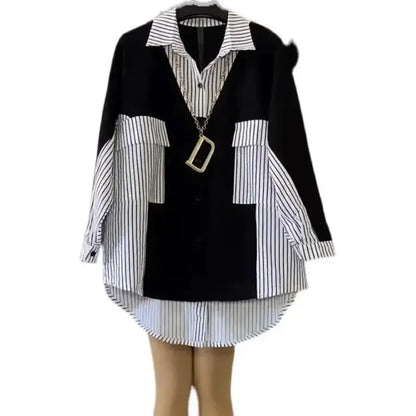 Plus Size Women's Loose-Fit Slimming Medium-Length Color Blocking Striped Shirt Fashionable Top Stylish Hiding Body Shape.
