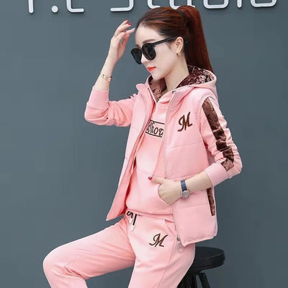 2024 Autumn Winter New Women's Casual Sweat Suit Fashion Plush Thickened Hooded Tops Waistcoat Pants 3 Three Piece Set For Women.