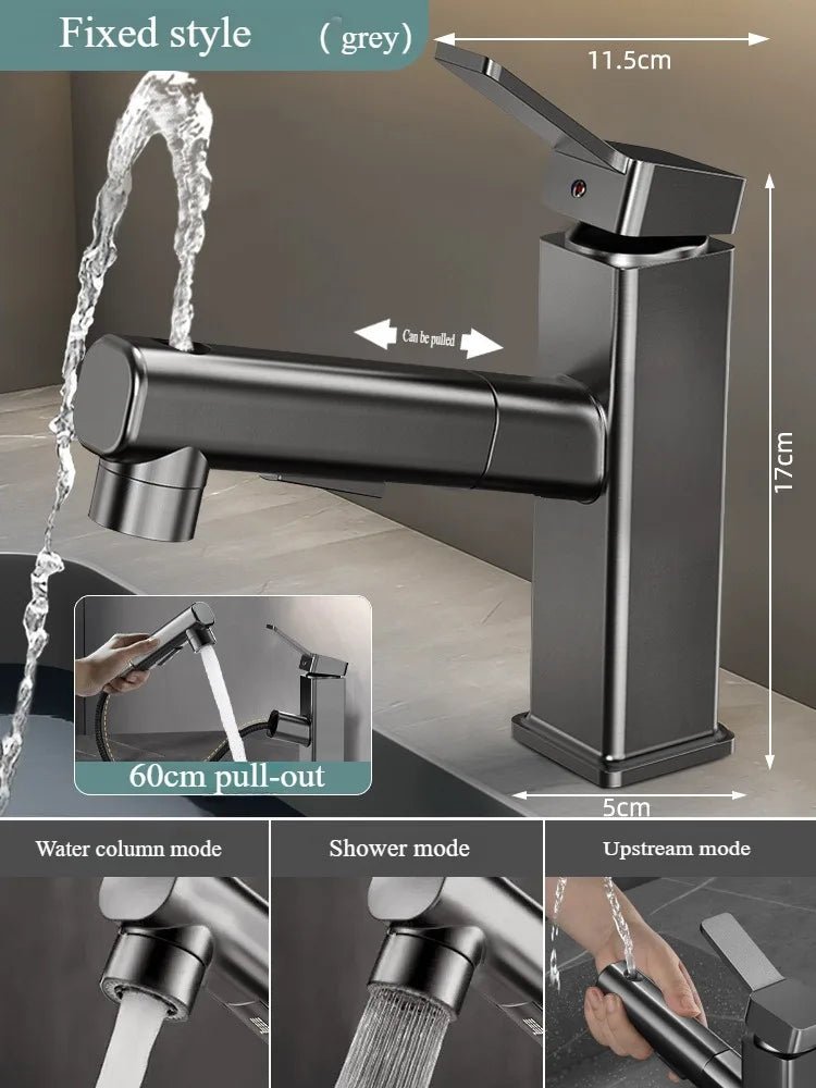 Pull Out Bathroom Faucet Hot and Cold Water Mixer Basin Sink Three Mode Water Outlet Faucet Washbasin Tap