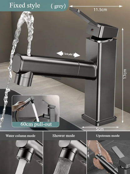 Pull Out Bathroom Faucet Hot and Cold Water Mixer Basin Sink Three Mode Water Outlet Faucet Washbasin Tap