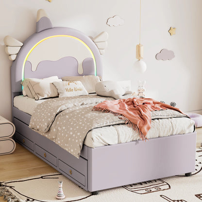 Merax Kinderbett 90x200 cm Einhorn Design mit Ausziehbett PU Material Violett