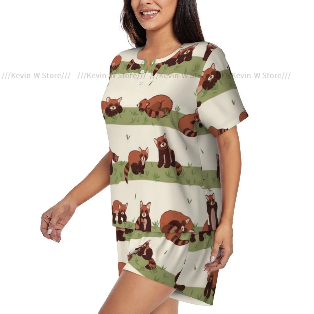 Damen-Pyjama mit kurzen Ärmeln, süßer roter Panda, 2-teilig, für Damen, Sommer-Nachtwäsche, Nachtwäsche, Homewear.