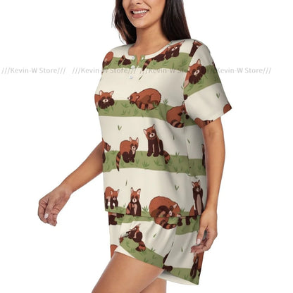 Damen-Pyjama mit kurzen Ärmeln, süßer roter Panda, 2-teilig, für Damen, Sommer-Nachtwäsche, Nachtwäsche, Homewear.