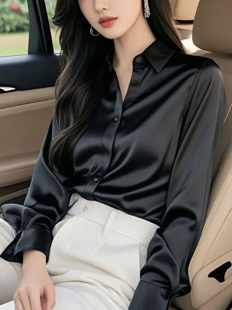 Elegant Silk Office Shirts Women Korean Fashion Y2k Clothes Slim Long Sleeve White Black Blusas Mujer Workwear Tops and Blouses